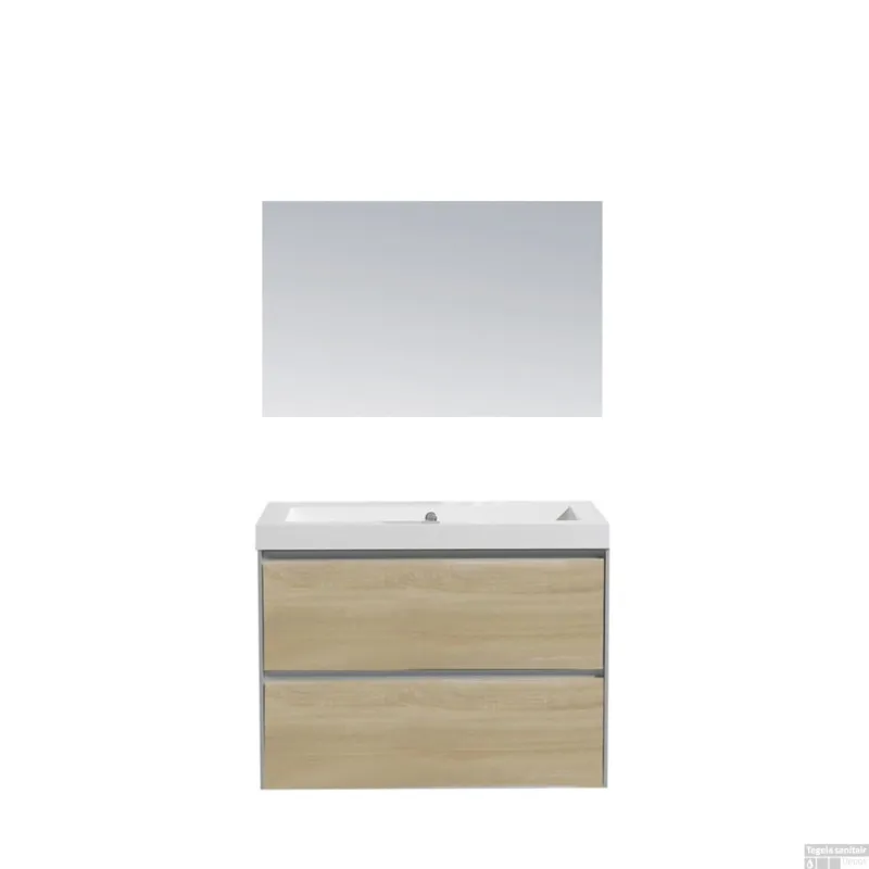 Badkamermeubel Sanilux PL 60 Greeploos Incl Spiegel En Wastafel Light Wood Multiplex 60x47x50 cm Nieuw