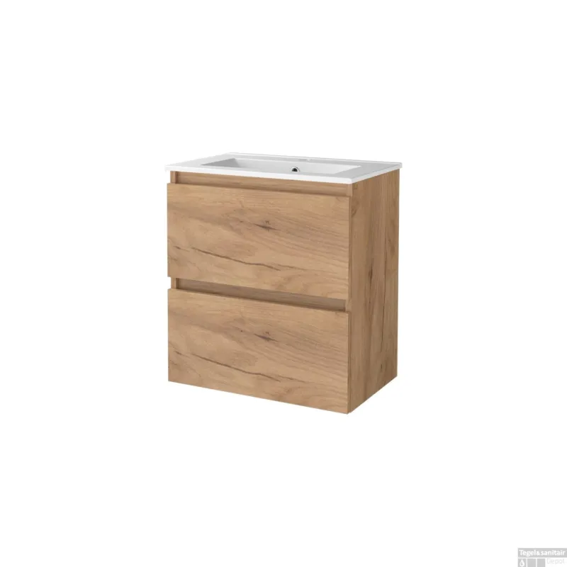 Badmeubelset BWS Salt 60x39cm Greeploos 2 Lades Met Wastafel 1 Kraangat Whisky Oak Merkproduct