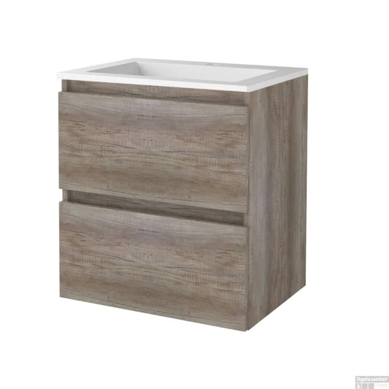 Badmeubelset BWS Salt 60x46cm Greeploos 2 Lades Met Wastafel Acryl 1 Kraangat Scotch Oak Beperkt Aanbod