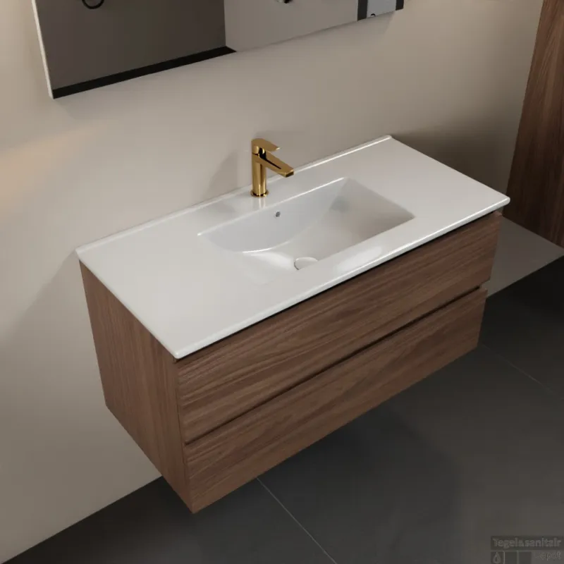 MONDIAZ AIVY 100cm badmeubel Mocha, wastafel glanzend wit keramiek midden 1 kraangat met spiegel (M60102 - AI-M100MOMI - AI-S100X70) Nieuw