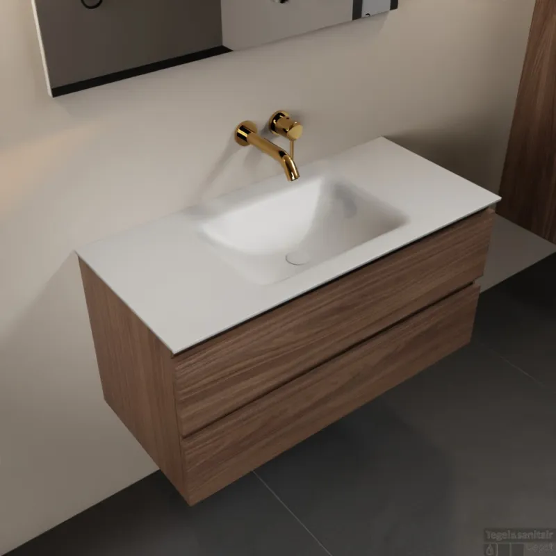 MONDIAZ AIVY 100cm badmeubel Mocha, wastafel Talc solid surface midden zonder kraangat met spiegel (AI-351321TALC-NO - AI-M100MOMI - AI-S100X70) Flitsaanbieding