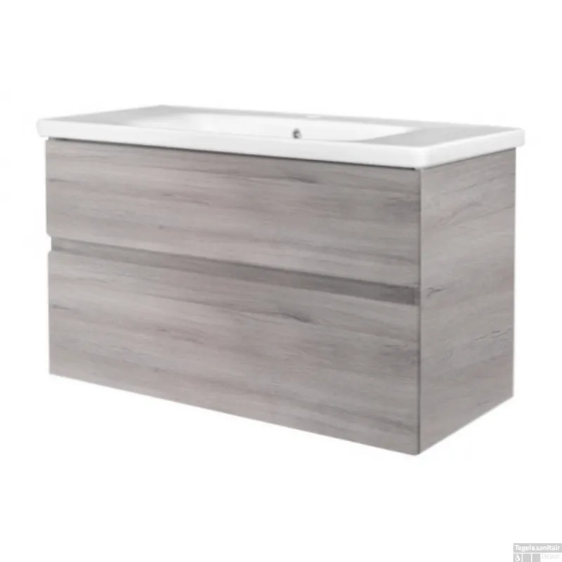 Badkamermeubel Best Design Quick-Greeploos 100x56x45cm Onderkast + Wastafel Grijs Eiken Koop Online