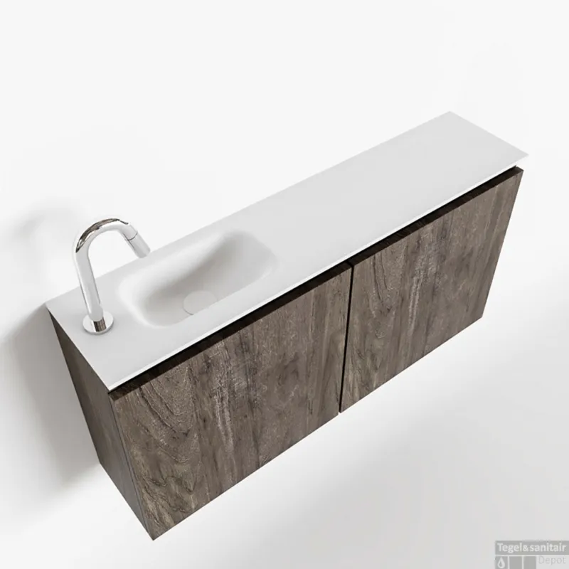 Finale Uitverkoop MONDIAZ TURE 100cm toiletmeubel dark brown. EDEN wastafel talc links 1 kraangat