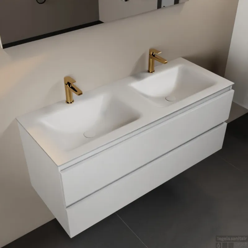 MONDIAZ AIVY 120cm badmeubel Talc, wastafel Talc solid surface dubbel 2 kraangaten (AI-351651TALC-SI - AI-M120TADU) Actieprijs