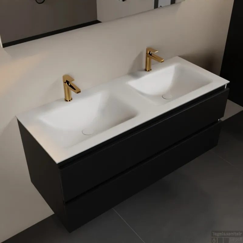 Aanbieding MONDIAZ AIVY 120cm badmeubel Urban, wastafel Talc solid surface dubbel 2 kraangaten (AI-351651TALC-SI - AI-M120URDU)