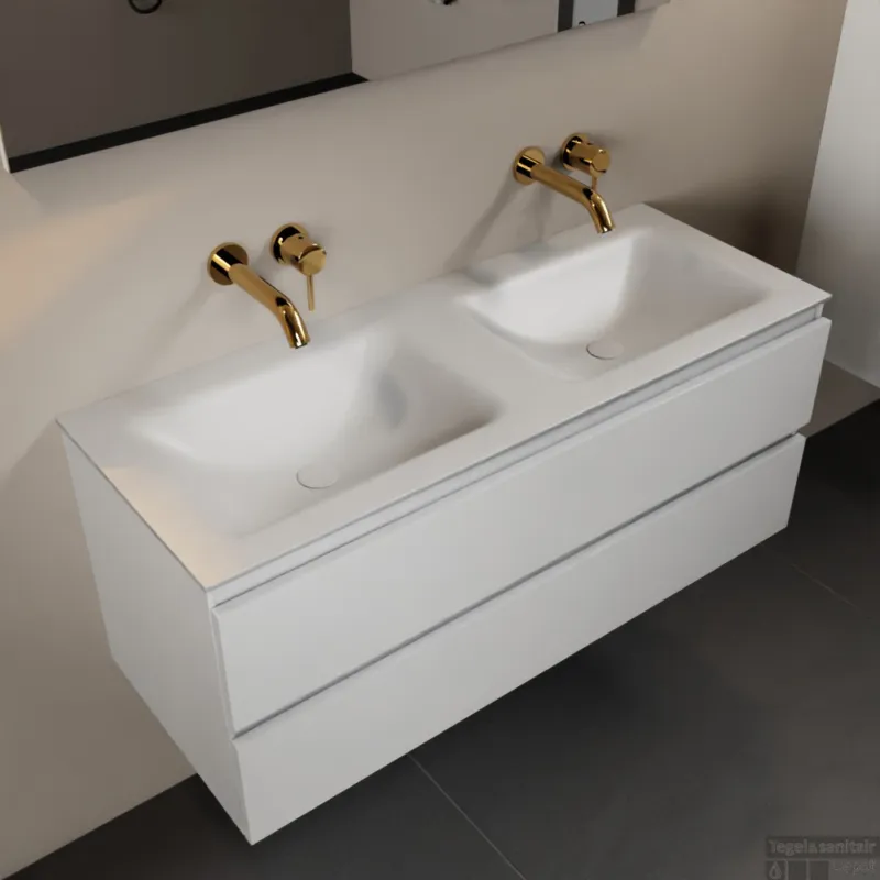 MONDIAZ AIVY 120cm badmeubel Talc, wastafel Talc solid surface dubbel zonder kraangat (AI-351651TALC-NO - AI-M120TADU) Koop Online