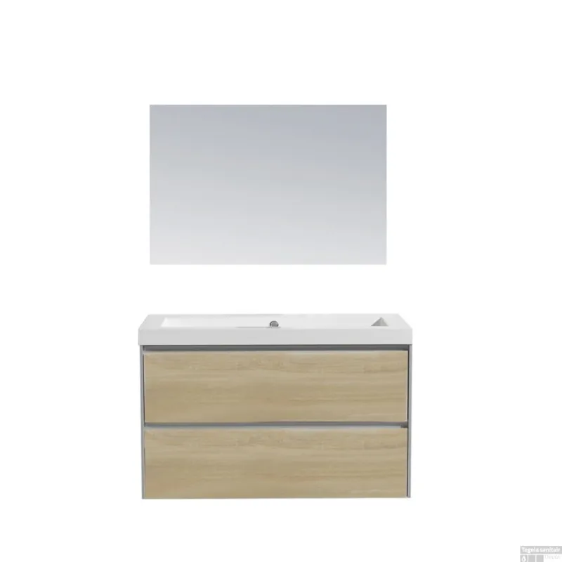 Badkamermeubel Sanilux PL 80 Greeploos Incl Spiegel En Wastafel Light Wood Multiplex 80x47x50 cm Finale Uitverkoop