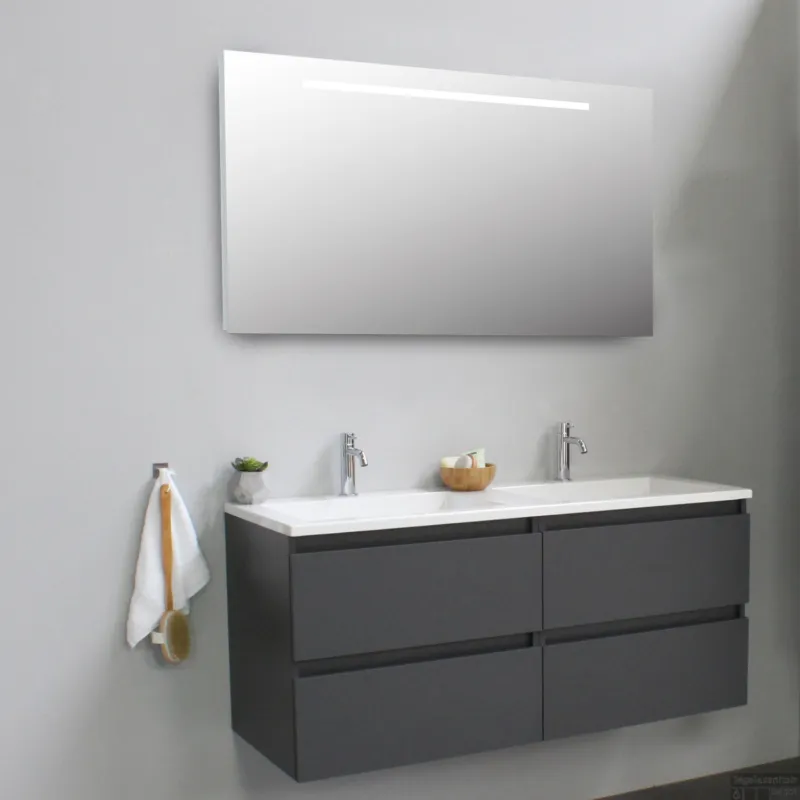 Speciale Aanbieding Badkamermeubel BWS Pepper Acryl Wastafel Incl Spiegel Met LED Verlichting Met 2 Kraangaten 120x55x46 cm Antraciet