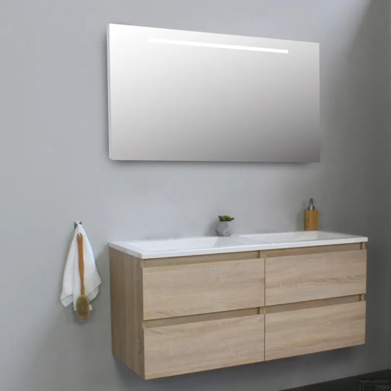 Badkamermeubel BWS Pepper Acryl Wastafel Incl Spiegel Met LED Verlichting Zonder Kraangat 120x55x46 cm Eiken Nu Kopen