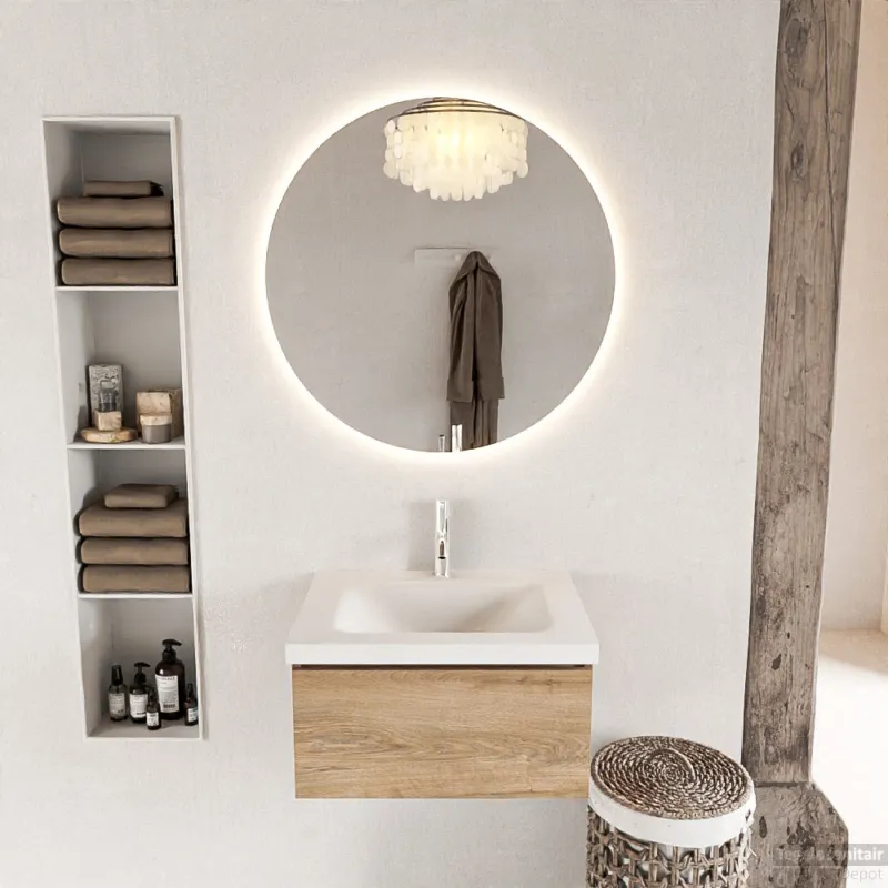 Merkproduct MONDIAZ BUKLA 60cm badmeubel modulair kleur Washed Oak met 1 lade. Wastafel CLOUD midden 1 kraangat kleur Talc.