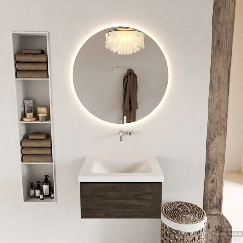 MONDIAZ BUKLA 60cm badmeubel modulair kleur Dark Brown met 1 lade. Wastafel CLOUD midden 0 kraangaten kleur Talc. Superprijs