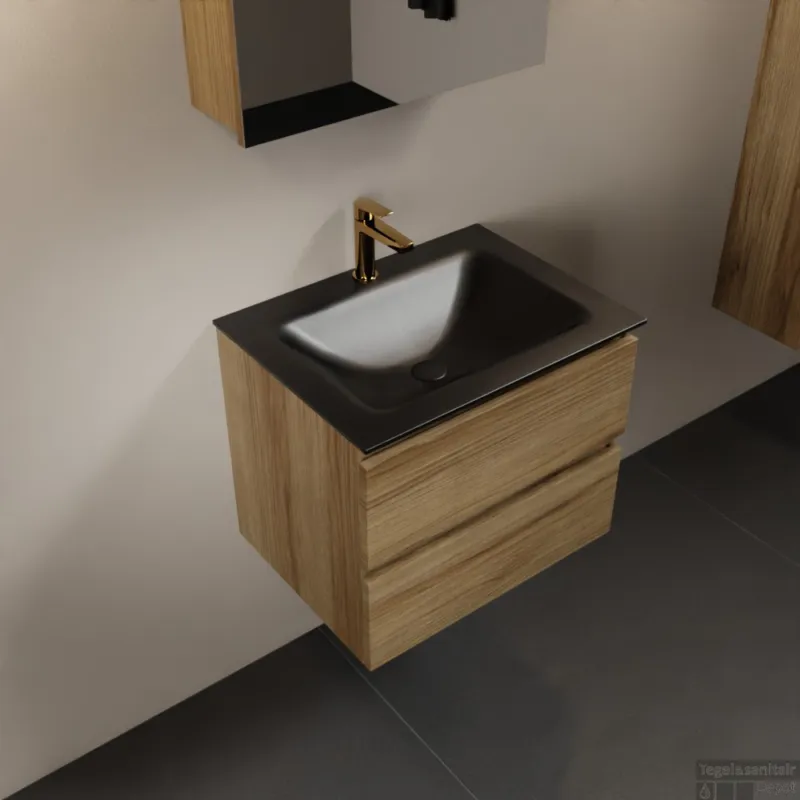 Finale Uitverkoop MONDIAZ AIVY 60cm badmeubel Chai, wastafel Urban solid surface midden 1 kraangat met spiegelkast (AI-351111URBAN-SI - AI-M60CHMI - AI-C60CHMI)