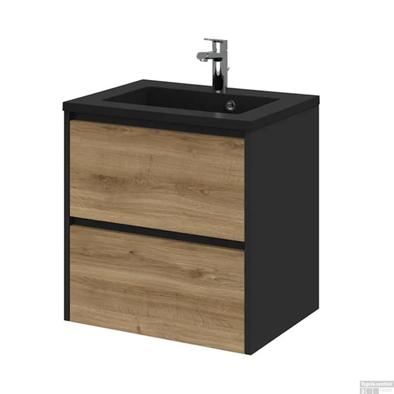 Tiger Reverse Meubelset 60 cm met 2 lades Chalet eik - Mat zwart incl Quadro wastafel Mat zwart - 800317 Laatste Versie