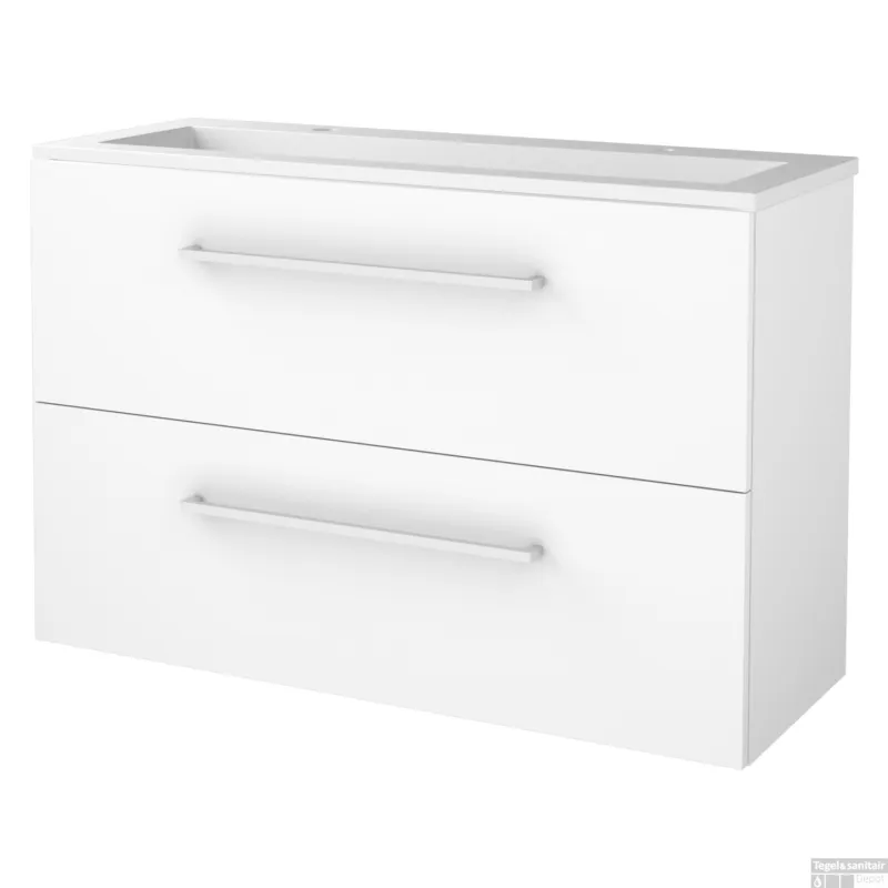 Badmeubelset BWS Salt 100x39cm Met Grepen 2 Lades Met Wastafel Acryl 2 Kraangaten Ice White Express Levering