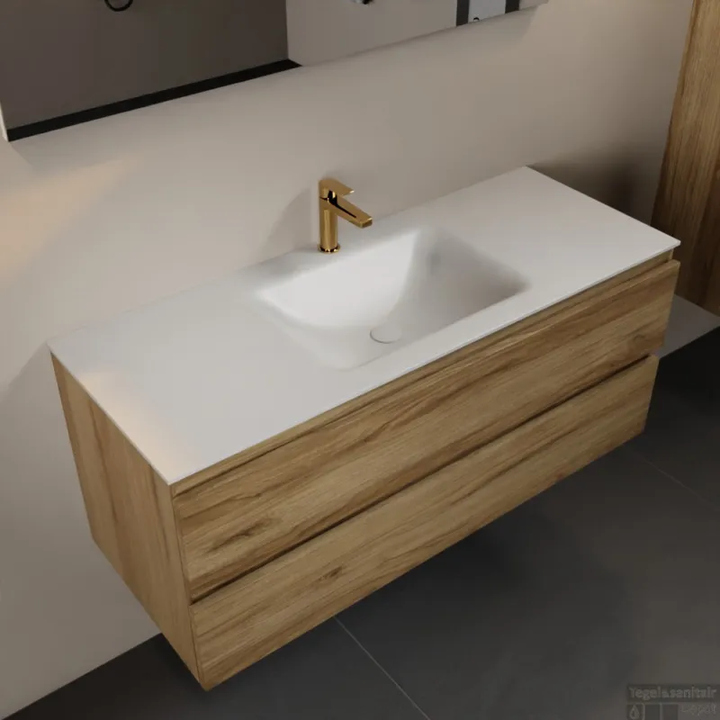 Tijdelijk Beschikbaar MONDIAZ AIVY 120cm badmeubel Chai, wastafel Talc solid surface midden 1 kraangat met spiegel (AI-351621TALC-SI - AI-M120CHMI - AI-S120X70)