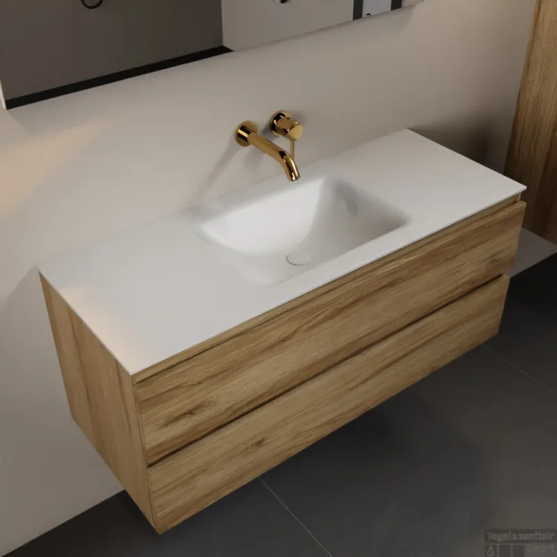MONDIAZ AIVY 120cm badmeubel Chai, wastafel Talc solid surface midden zonder kraangat met spiegel (AI-351621TALC-NO - AI-M120CHMI - AI-S120X70) Direct Beschikbaar