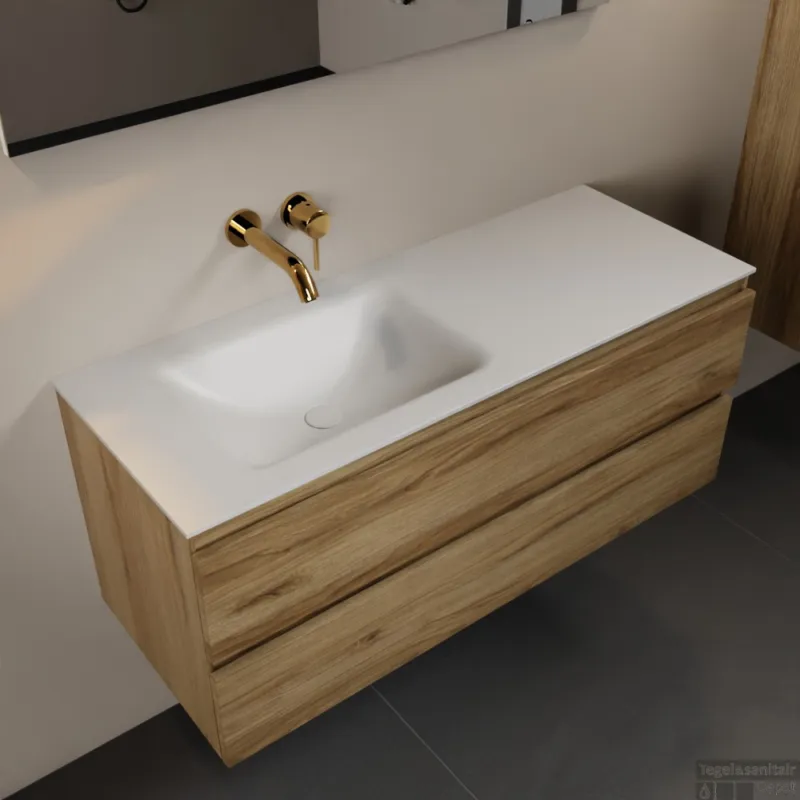 MONDIAZ AIVY 120cm badmeubel Chai, wastafel Talc solid surface links zonder kraangat met spiegel (AI-351631TALC-NO - AI-M120CHLI - AI-S120X71) Korting