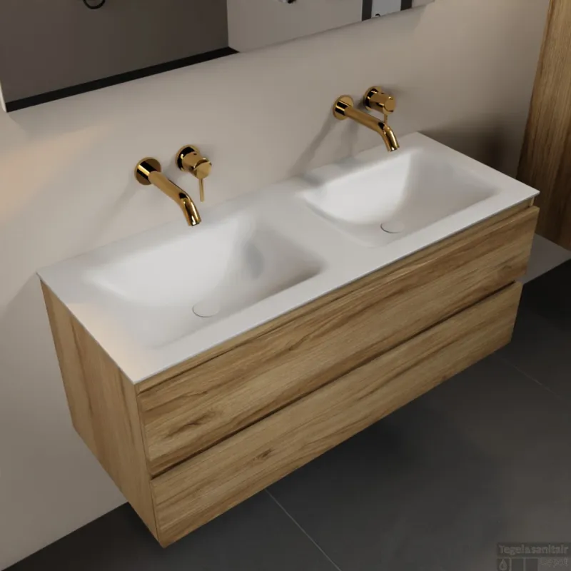 MONDIAZ AIVY 120cm badmeubel Chai, wastafel Talc solid surface dubbel zonder kraangat met spiegel (AI-351651TALC-NO - AI-M120CHDU - AI-S120X73) Exclusieve Aanbieding