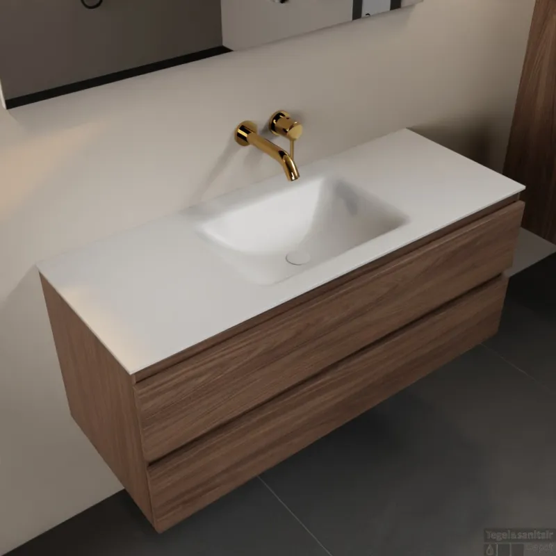 MONDIAZ AIVY 120cm badmeubel Mocha, wastafel Talc solid surface midden zonder kraangat met spiegel (AI-351621TALC-NO - AI-M120MOMI - AI-S120X70) Merkproduct