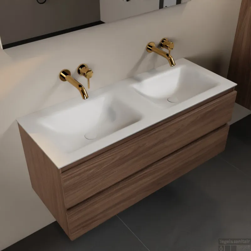 Laatste Kans MONDIAZ AIVY 120cm badmeubel Mocha, wastafel Talc solid surface dubbel zonder kraangat met spiegel (AI-351651TALC-NO - AI-M120MODU - AI-S120X73)