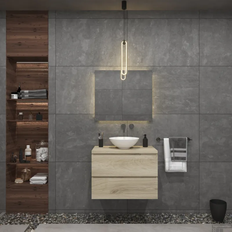 Badkamermeubelset Gliss Zeus 80 cm Licht Grijs Eiken Met Waskom Op = Op