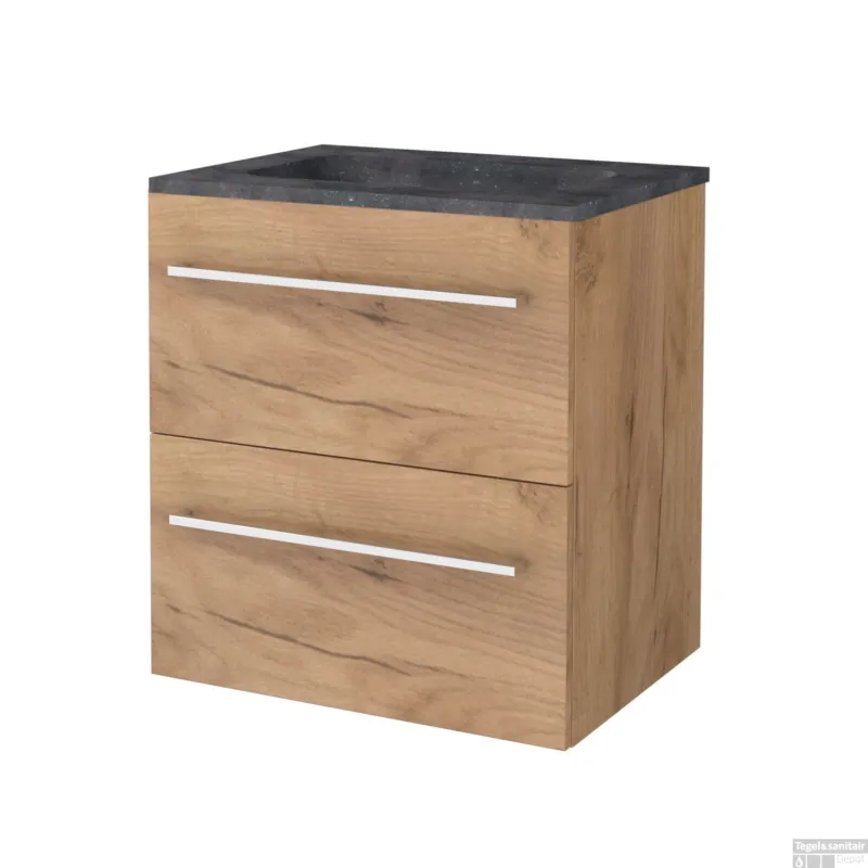 Badmeubelset BWS Salt 60x46cm Met Grepen 2 Lades Met Wastafel Hardsteen Whisky Oak Uitverkoop