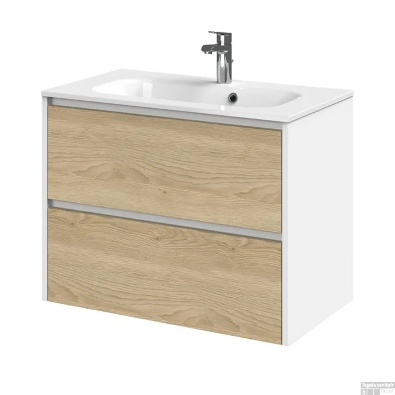 Tiger Reverse Meubelset 80 cm met 2 lades Naturel eik - Mat wit incl Oval wastafel Hoogglans wit - 800310 Meest Verkocht