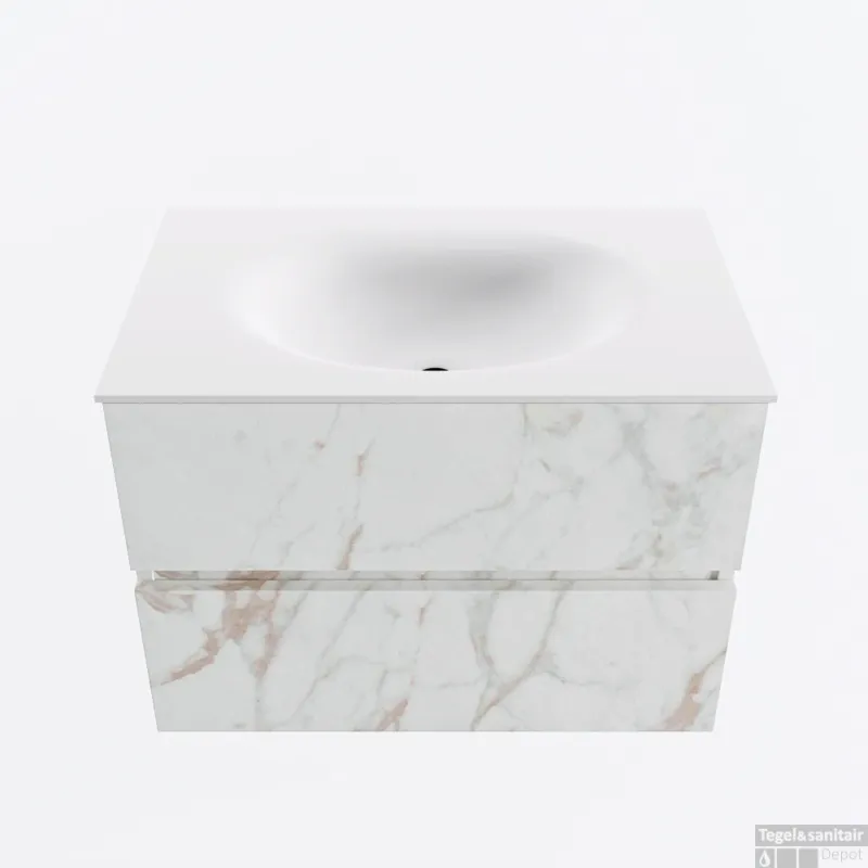 MONDIAZ VICA 70cm badmeubel onderkast Carrara 2 lades. Wastafel MOON midden 1 kraangat, kleur Talc. Aanbieding