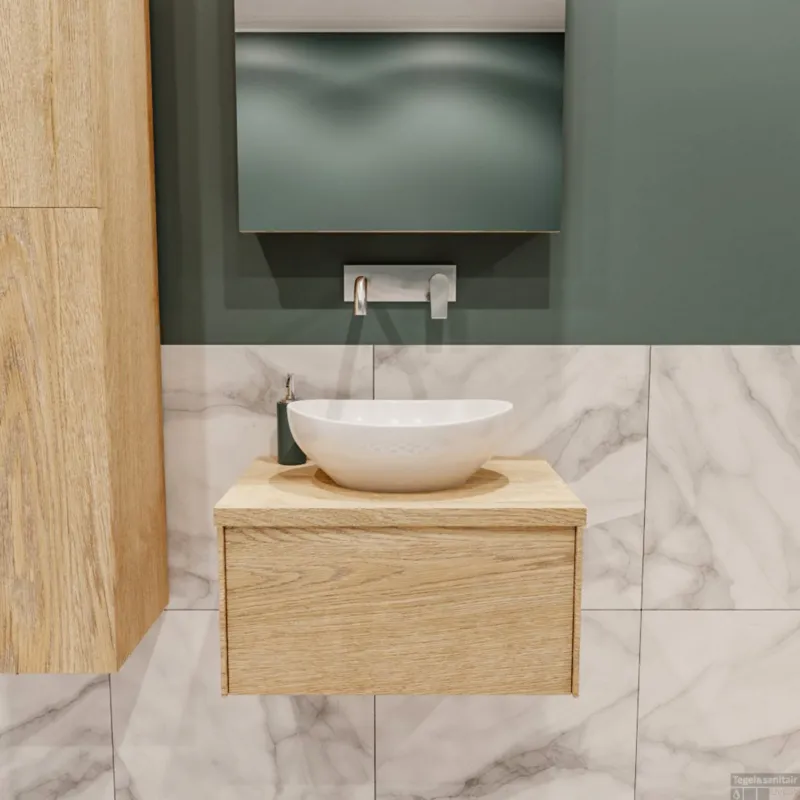 Actieprijs Badkamermeubel BWS Madrid Washed Oak 60 cm met Topblad en Keramische Waskom (0 kraangaten)