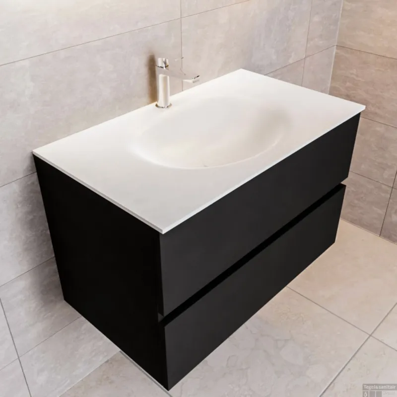 Badkamermeubel Solid Surface BWS Stockholm 80x45 cm Mat Zwart Urban (1 kraangat) Koopje