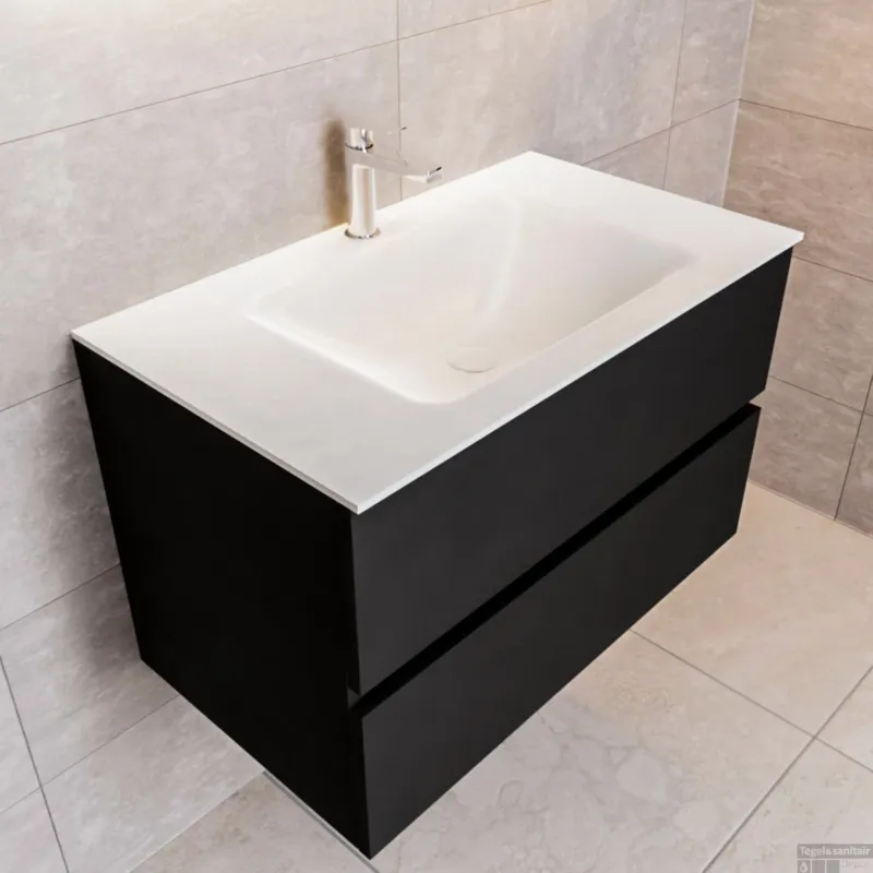 Speciale Aanbieding Badkamermeubel Solid Surface BWS Oslo 80x45 cm Mat Zwart Urban (1 kraangat)