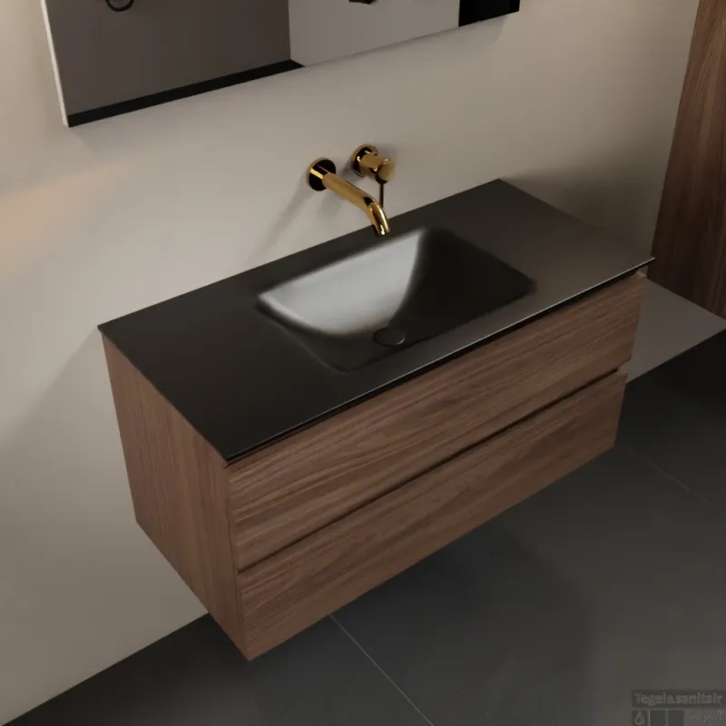MONDIAZ AIVY 100cm badmeubel Mocha, wastafel Urban solid surface midden zonder kraangat (AI-351321URBAN-NO - AI-M100MOMI) Laatste Kans