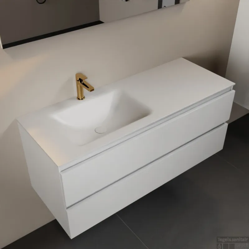 MONDIAZ AIVY 120cm badmeubel Talc, wastafel Talc solid surface links 1 kraangat met spiegel (AI-351631TALC-SI - AI-M120TALI - AI-S120X71) Exclusieve Aanbieding