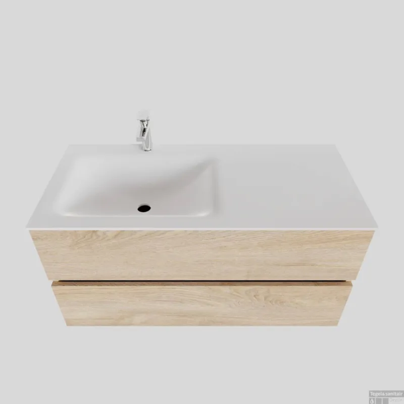 Gratis Retour Badkamermeubel Solid Surface BWS Oslo 100x46 cm Links Wood Washed Oak (met 1 kraangat)