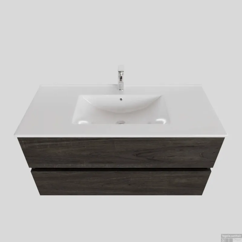 Shop Nu Badkamermeubel BWS Helsinki 100x46cm Keramiek Midden Wood Dark Brown 2 Laden (1 kraangat)
