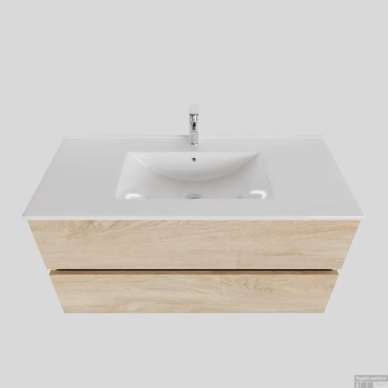 Badkamermeubel BWS Helsinki 100x46cm Keramiek Midden Wood Washed Oak 2 Laden (1 kraangat) Gecertificeerd
