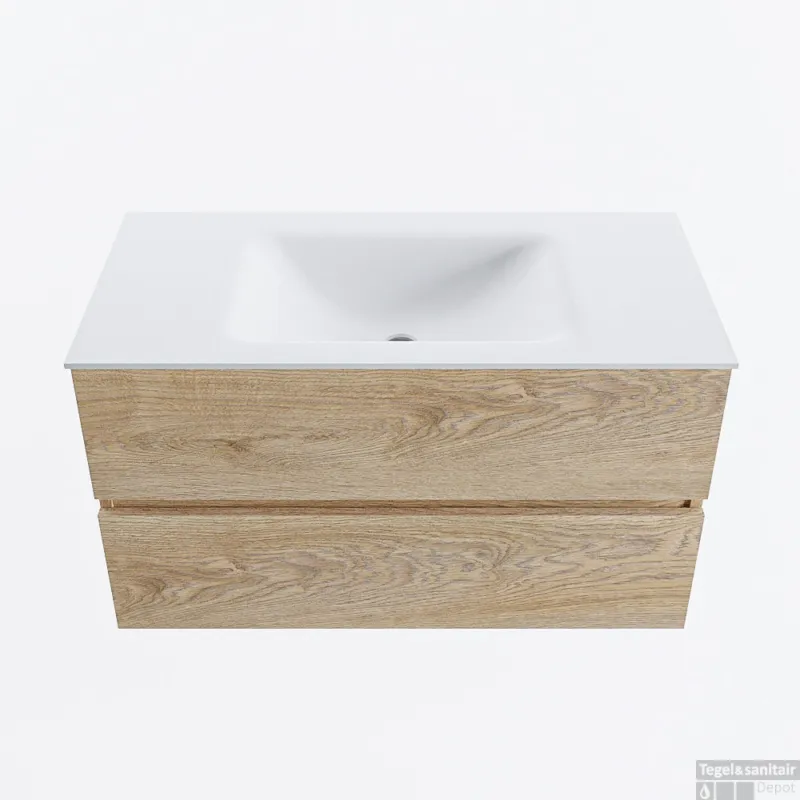Actieprijs MONDIAZ VICA 90cm badmeubel onderkast Washed Oak 2 lades. Wastafel CLOUD midden 1 kraangat, kleur Talc.