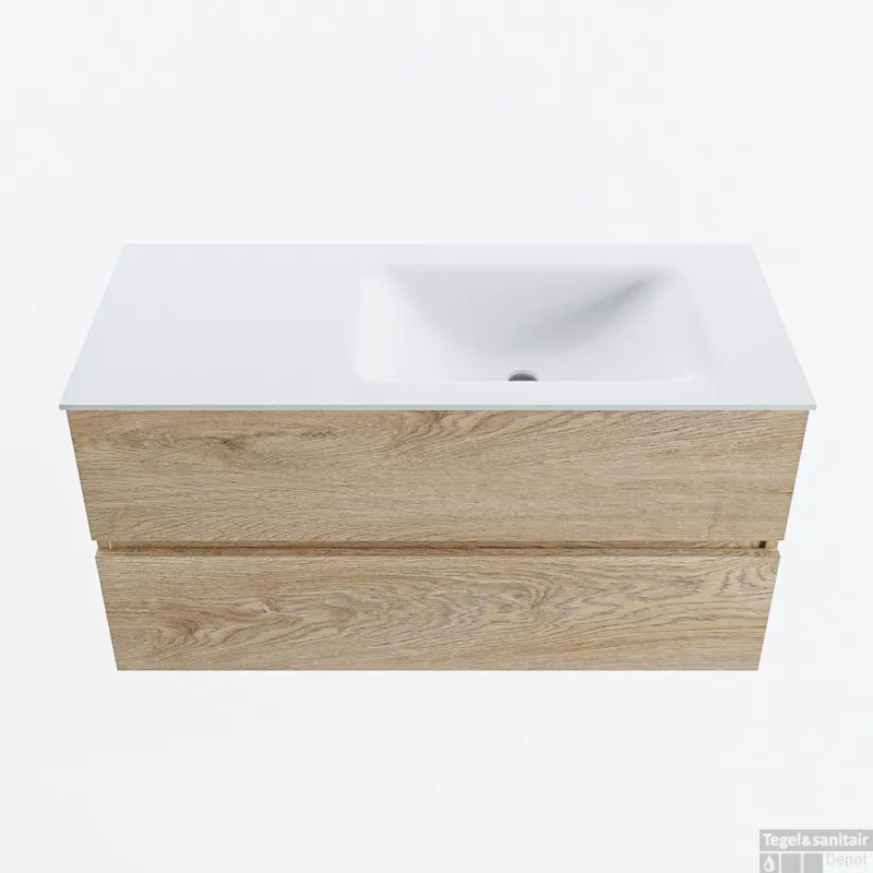 MONDIAZ VICA 100cm badmeubel onderkast Washed Oak 2 lades. Wastafel CLOUD rechts 1 kraangat, kleur Talc. Shop Nu
