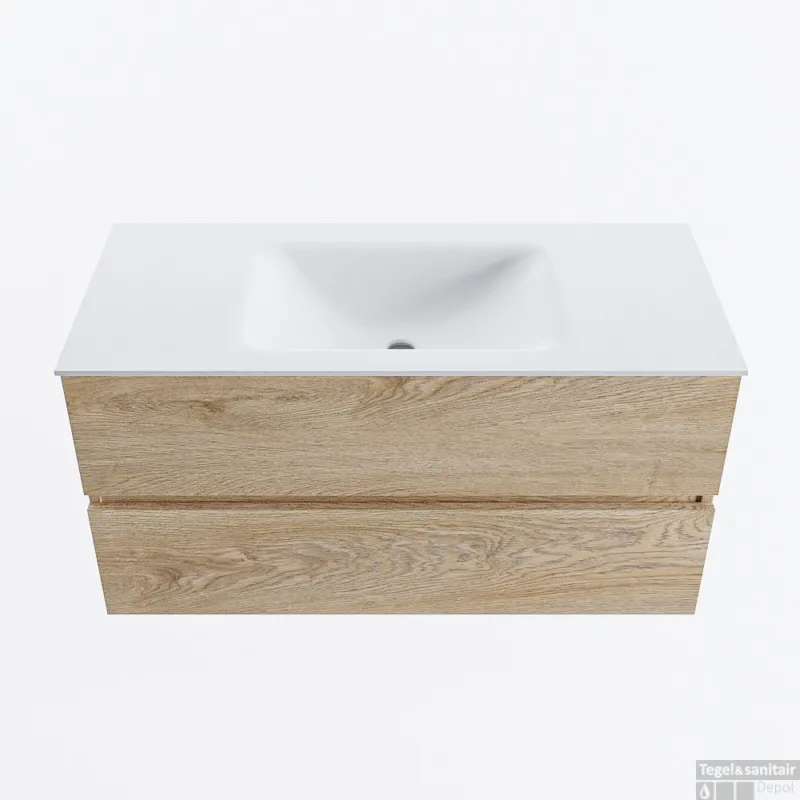 Beperkte Voorraad MONDIAZ VICA 100cm badmeubel onderkast Washed Oak 2 lades. Wastafel CLOUD midden zonder kraangat, kleur Talc.