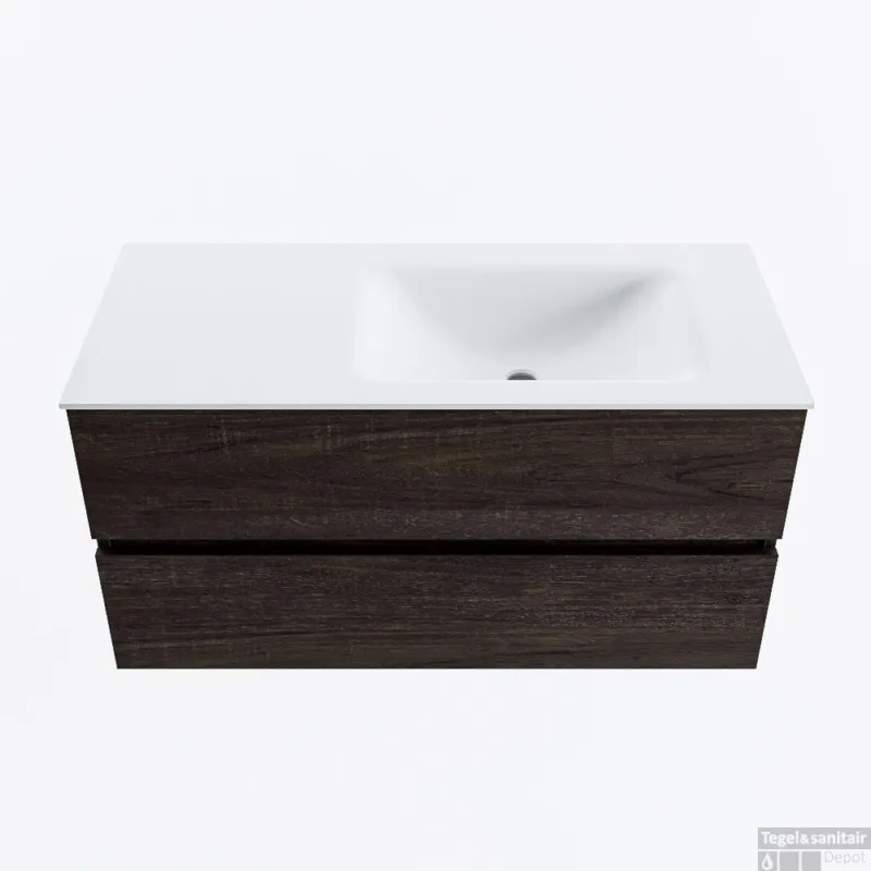 MONDIAZ VICA 100cm badmeubel onderkast Dark Brown 2 lades. Wastafel CLOUD rechts zonder kraangat, kleur Talc. Beperkt Aanbod
