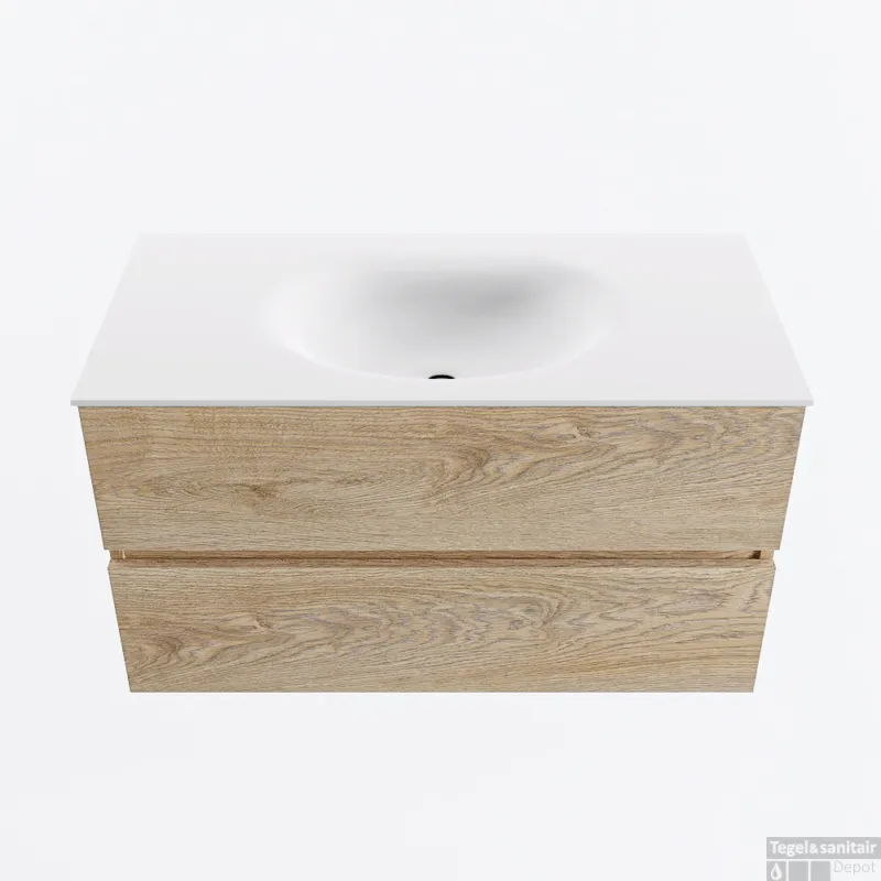 Seizoensaanbieding MONDIAZ VICA 90cm badmeubel onderkast Washed Oak 2 lades. Wastafel MOON midden zonder kraangat, kleur Talc.
