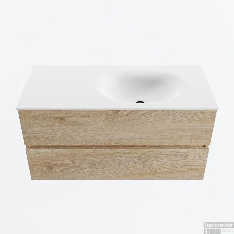 MONDIAZ VICA 100cm badmeubel onderkast Washed Oak 2 lades. Wastafel MOON rechts 1 kraangat, kleur Talc. Direct Beschikbaar