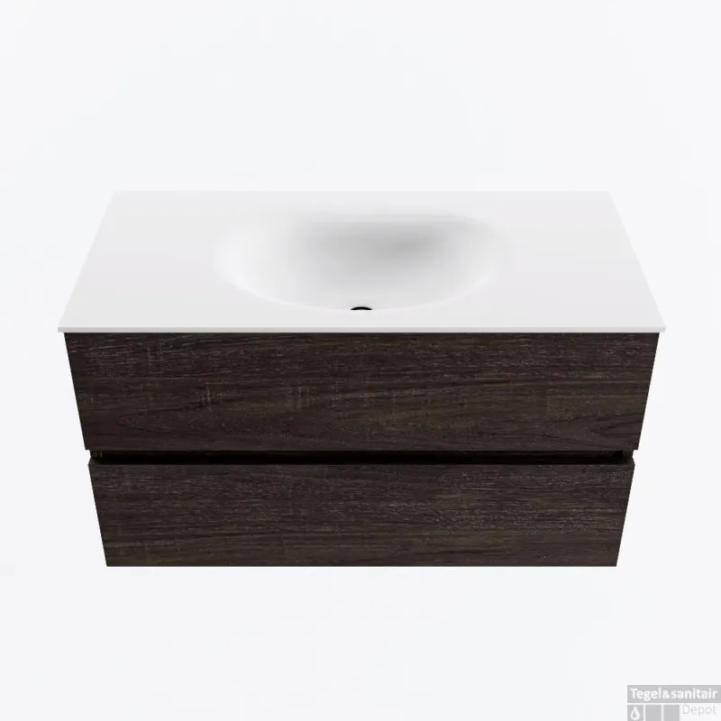 MONDIAZ VICA 90cm badmeubel onderkast Dark Brown 2 lades. Wastafel MOON midden 1 kraangat, kleur Talc. Aanbieding