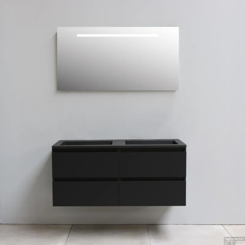 Badkamermeubel BWS Pepper Acryl Wastafel Mat Zwart Incl Spiegel Met LED Verlichting Zonder Kraangat 120x55x46 cm Mat Zwart Must-Have