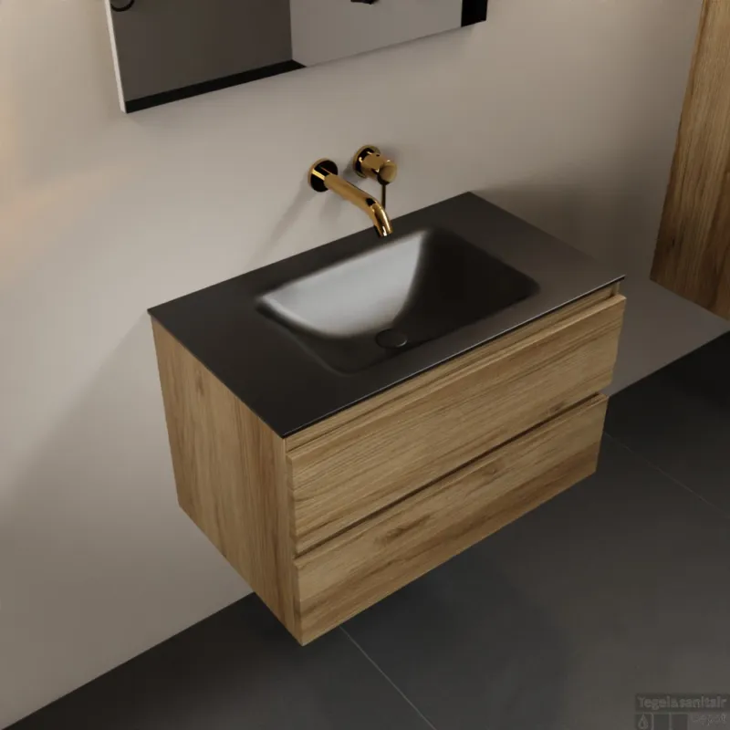 Rechtstreeks Van De Fabrikant MONDIAZ AIVY 80cm badmeubel Chai, wastafel Urban solid surface midden zonder kraangat met spiegel (AI-351171URBAN-NO - AI-M80CHMI - AI-S80X70)