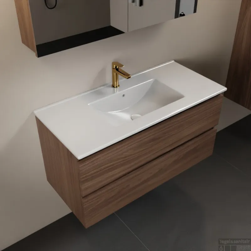 Gereduceerde Prijs MONDIAZ AIVY 100cm badmeubel Mocha, wastafel glanzend wit keramiek midden 1 kraangat met spiegelkast (M60102 - AI-M100MOMI - AI-C100MOMI)
