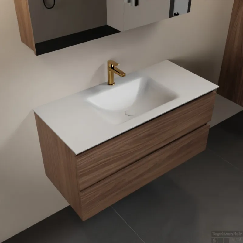 Gecertificeerd MONDIAZ AIVY 100cm badmeubel Mocha, wastafel Talc solid surface midden 1 kraangat met spiegelkast (AI-351321TALC-SI - AI-M100MOMI - AI-C100MOMI)