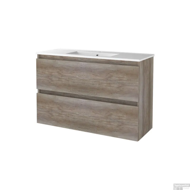 Badmeubelset BWS Salt 100x39cm Greeploos 2 Lades Met Wastafel 1 Kraangat Scotch Oak Aanbieding