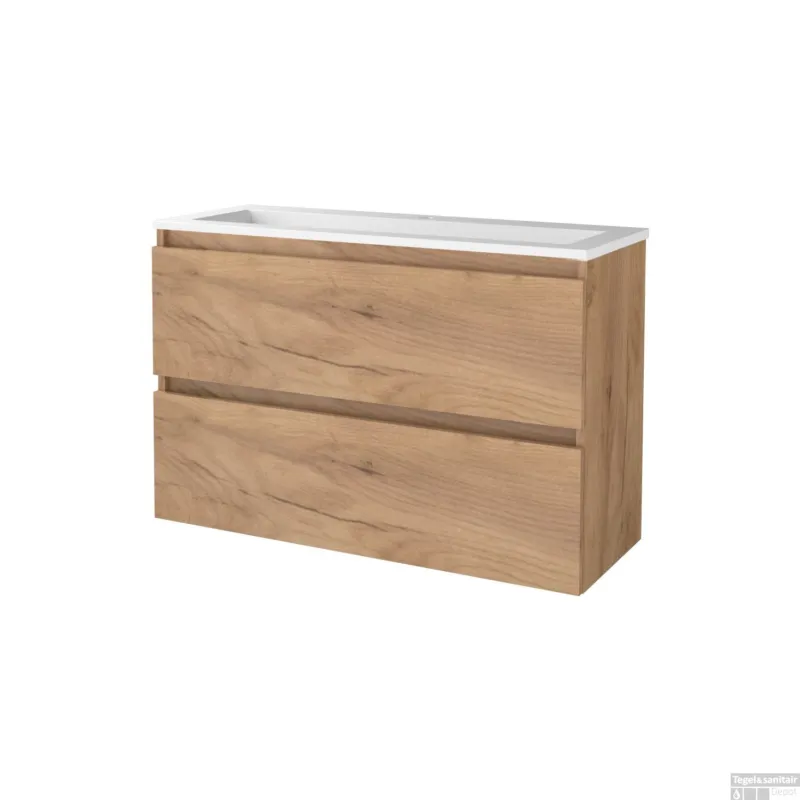 Badmeubelset BWS Salt 100x39cm Greeploos 2 Lades Met Wastafel Acryl 1 Kraangat Whisky Oak Premium