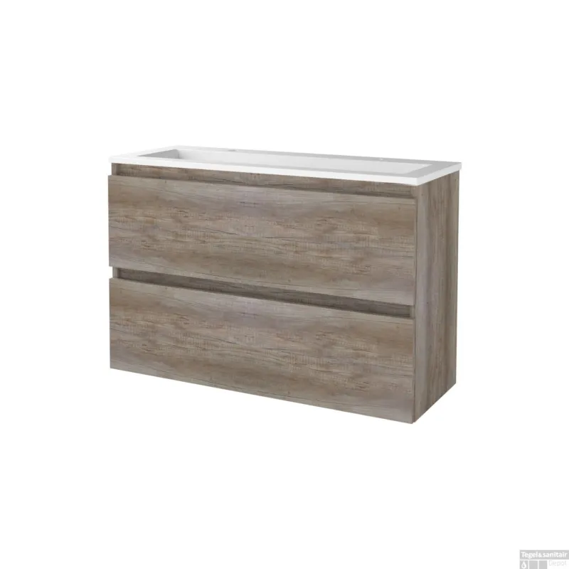 Gratis Retour Badmeubelset BWS Salt 100x39cm Greeploos 2 Lades Met Wastafel 2 Kraangaten Scotch Oak